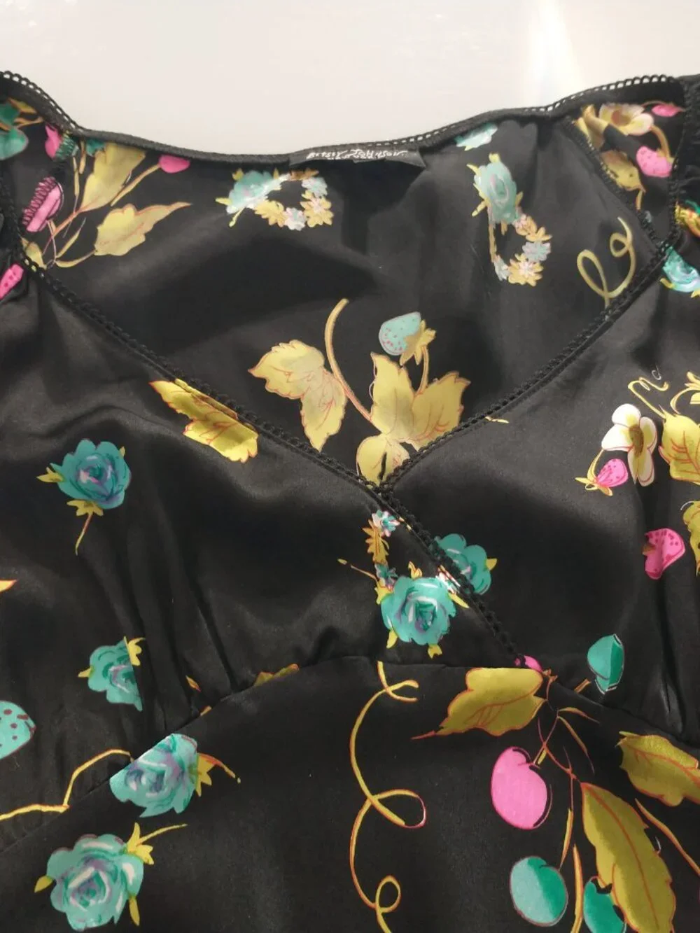 VTG 90s Betsey Johnson Black Silk Cherry Strawberry Floral Fruit Slip Midi Dress
